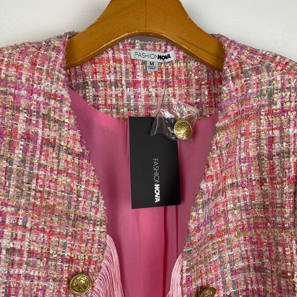 Fashion Nova Pink Tweed Fringe Jacket Boho Festival Barbie Western Preppy sz M - Picture 2 of 10